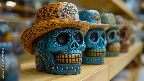 Handcrafted skull figurines in various colors are showcased on a wooden shelf in a lively artisan shop, capturing the spirit of local culture