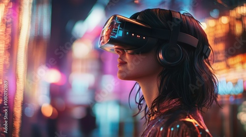 Woman Wearing VR Headset in a Futuristic City