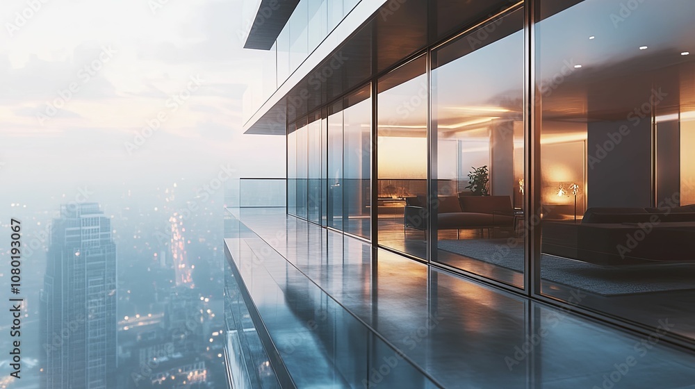 Glass-Walled Balcony Overlooking a Hazy Cityscape at Dusk Glass-Walled Balcony Overlooking a Hazy Cityscape at Dusk