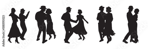 Dancing couples in silhouette black style illustrations isolated on white. Concept of dancing classes, jazz, classic dance. Dancing classes, retro theater performance show, party time