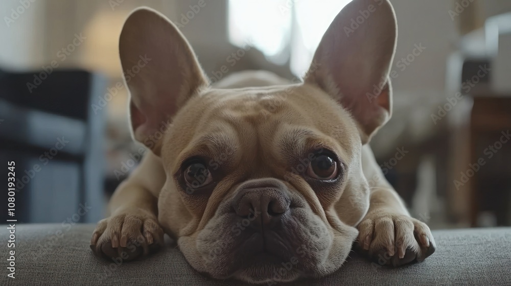 A close-up of a French Bulldog resting its head on a couch, looking inquisitively at the camera. A close-up of a French Bulldog resting its head on a couch, looking inquisitively at the camera.