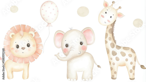 Cute animals with balloons on white background. Watercolor illustration.