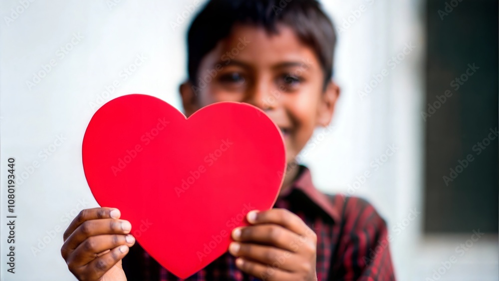 An Indian child holding a red heart shape, representing love and affection.
An Indian child holding a red heart shape, representing love and affection.