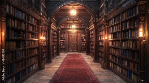 A long, dark hallway lined with bookshelves, with a red carpet leading to a closed door.