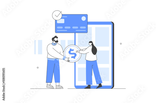 Characters paying online and receiving bonus money or reward back on credit card. Cashback, financial savings and money refund concept. Flat Cartoon Vector Illustration, icon. Stylish, Minimalist 