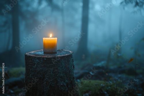 A candle sitting atop a tree stump in a foggy forest, illuminating the dense mist around it. 