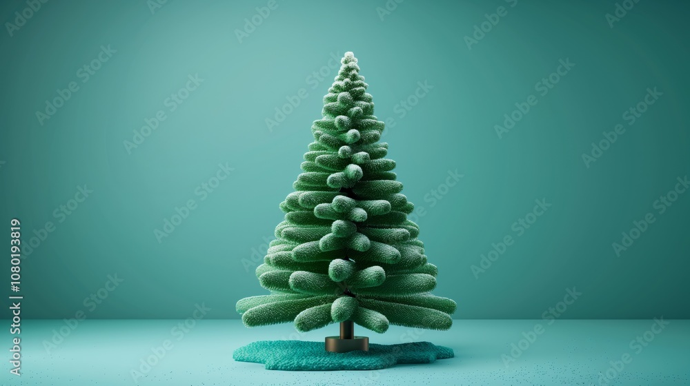 A textured green Christmas tree stands centered on a turquoise background with a subtle shadow. A textured green Christmas tree stands centered on a turquoise background with a subtle shadow.