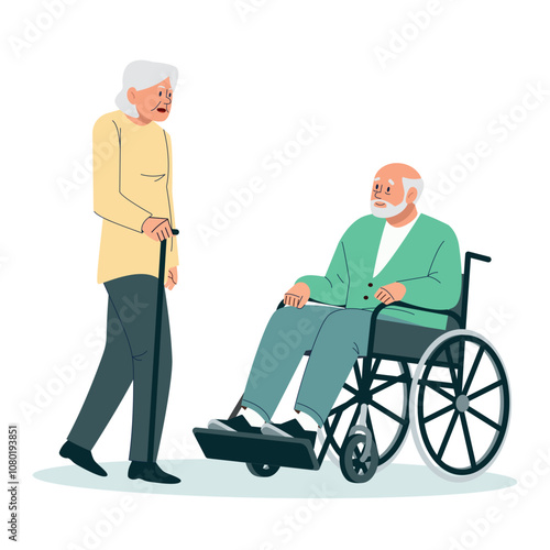 Elderly people with disabilities communicate in a nursing home together. Grandfather in a wheelchair, grandmother with a cane, pensioners. Vector illustration in flat cartoon style on a white