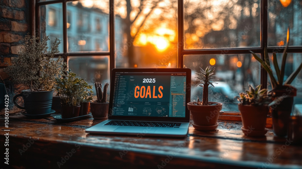 A cozy workspace highlights a laptop showing 2025 goals, surrounded by greenery, as the sun sets in the background through the window A cozy workspace highlights a laptop showing 2025 goals, surrounded by greenery, as the sun sets in the background through the window