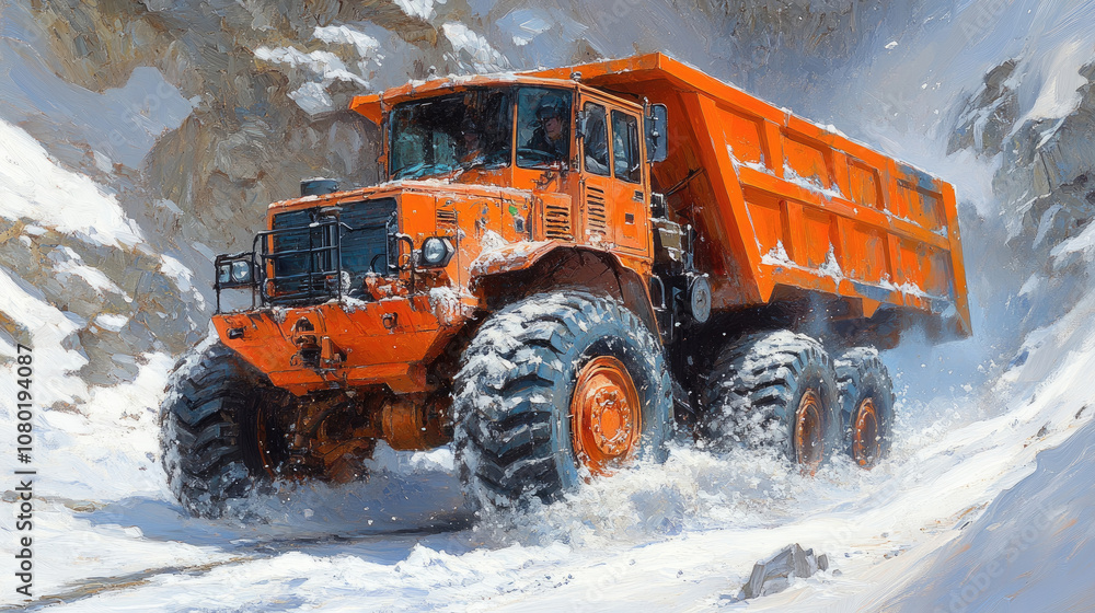 A rugged orange truck traverses a snowy mountain road, showcasing its powerful wheels and ability to handle harsh winter terrain A rugged orange truck traverses a snowy mountain road, showcasing its powerful wheels and ability to handle harsh winter terrain