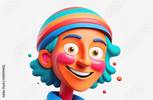 Young woman smiling in original fashionable hat on white background. 3d cartoon illustration.