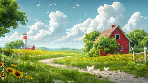 Sunny cartoon farm with contented gows. AI generated photo