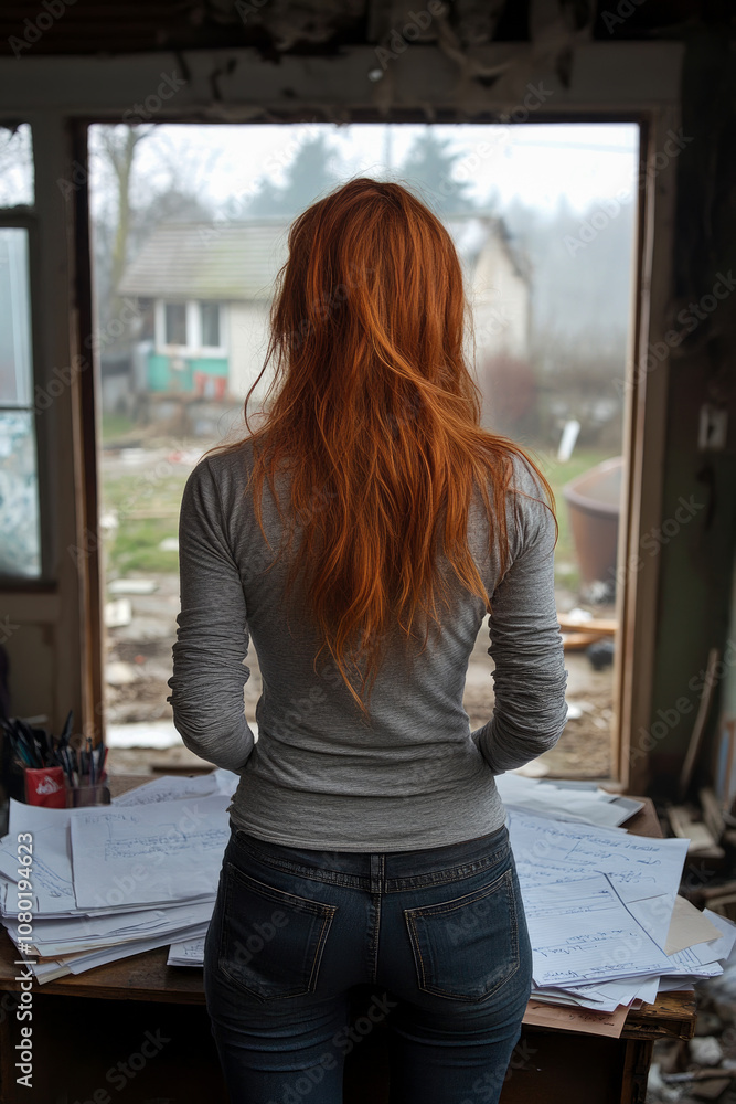 A young woman observes a misty outdoor scene from inside a building, surrounded by scattered papers and an empty workspace A young woman observes a misty outdoor scene from inside a building, surrounded by scattered papers and an empty workspace