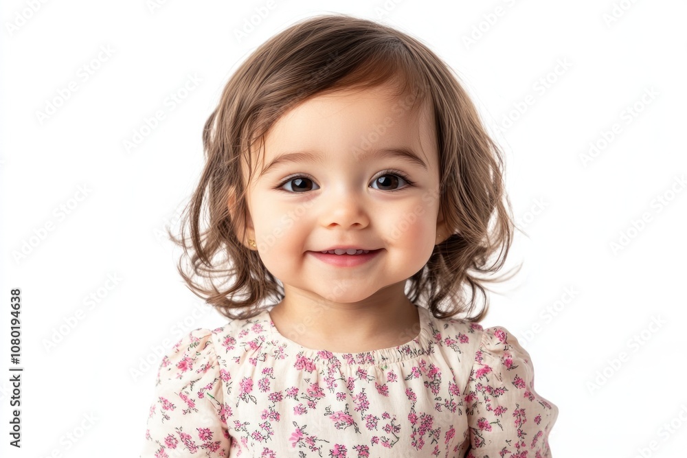 A smiling toddler with curly hair wearing a floral dress against a white background. A smiling toddler with curly hair wearing a floral dress against a white background.