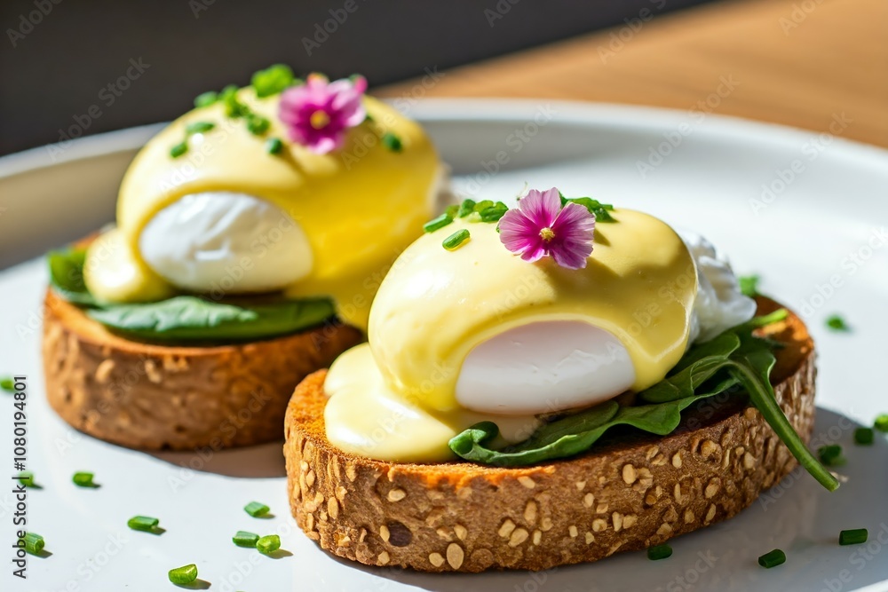 Two eggs benedict with hollandaise sauce and flowers on seeded toast. Two eggs benedict with hollandaise sauce and flowers on seeded toast.