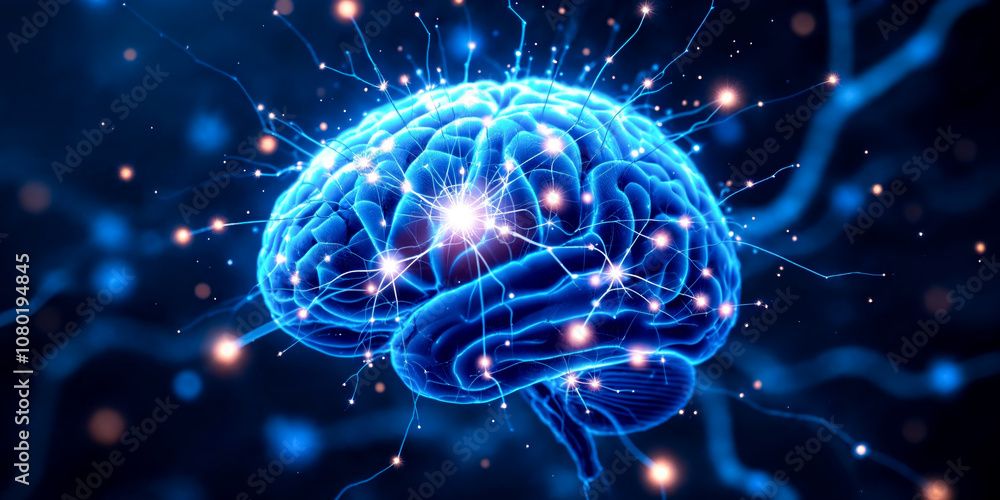 Glowing blue brain with neural connections and sparks of light against a dark blue background. Glowing blue brain with neural connections and sparks of light against a dark blue background.