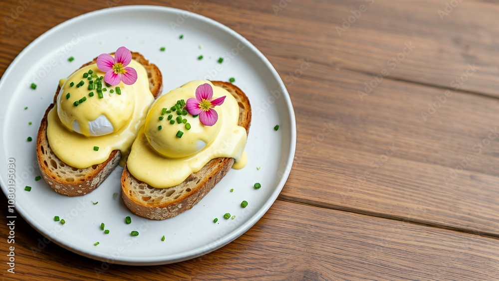 Plate with two eggs benedict on toasted bread garnished with herbs and flowers on a wooden table. Plate with two eggs benedict on toasted bread garnished with herbs and flowers on a wooden table.