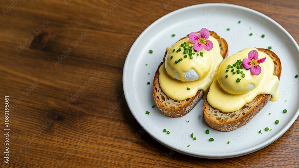 Plate with two eggs benedict on a wooden table, garnished with flowers and herbs. Plate with two eggs benedict on a wooden table, garnished with flowers and herbs.
