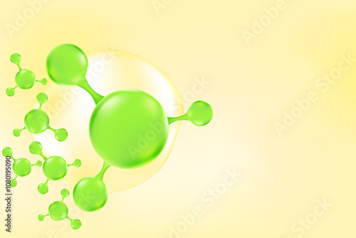 Green organic oil or collagen 3D molecule formula, with liquid glowing particles, fluid bubbles pattern. Bio serum formula background with copy space. Beauty biotechnology treatment nutrition.