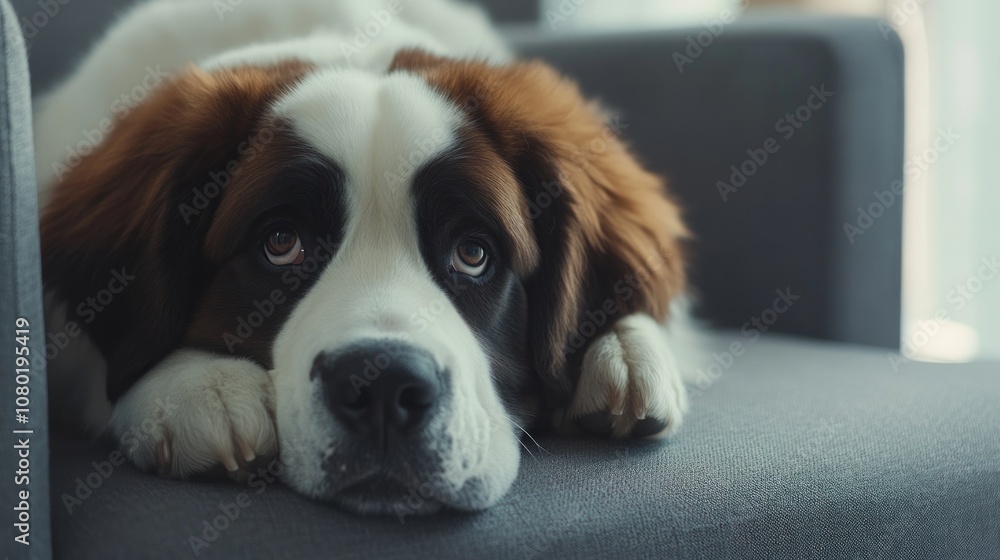 A Saint Bernard dog resting on a couch, looking curiously at the camera. A Saint Bernard dog resting on a couch, looking curiously at the camera.
