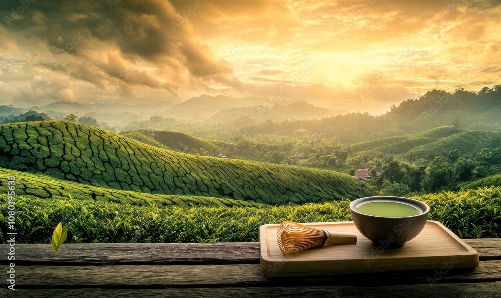 Serene landscape with tea set, showcasing nature and tranquility at sunset. Serene landscape with tea set, showcasing nature and tranquility at sunset.