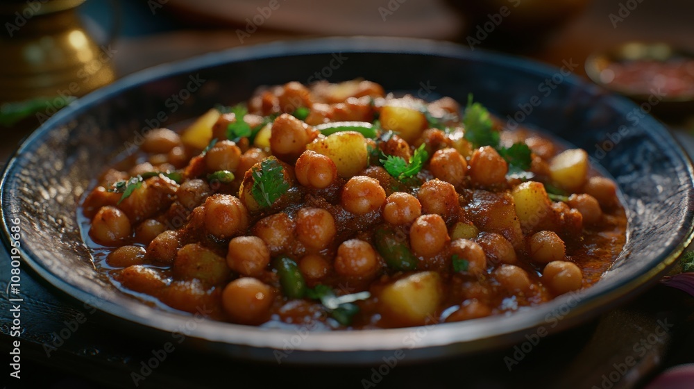 A vibrant bowl of chickpea curry with potatoes, garnished with fresh herbs.