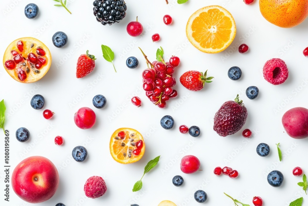 A vibrant arrangement of various fruits on a white background, showcasing their colors and textures. A vibrant arrangement of various fruits on a white background, showcasing their colors and textures.