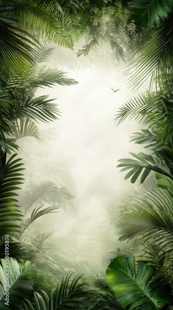 Lush tropical foliage frames a misty jungle scene with a bird soaring above, AI Lush tropical foliage frames a misty jungle scene with a bird soaring above, AI