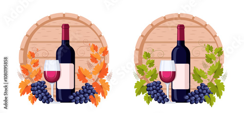 Barrel, bottle, glass of red wine and grape branch with bunches of grapes and leaves. Concept of winemaking, production and sale of wine, growing grapes. Vector vintage pattern for menus and labels.