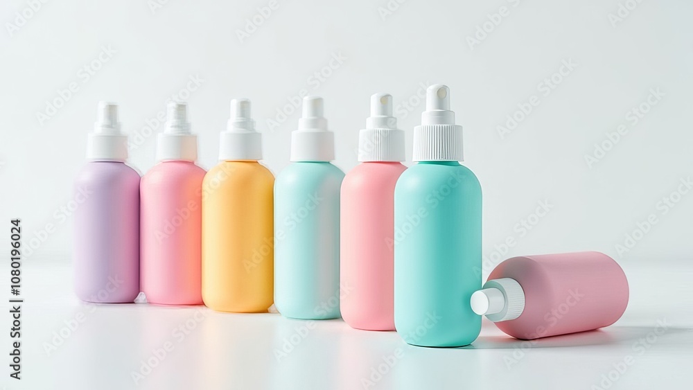 A row of colorful plastic bottles with a white background