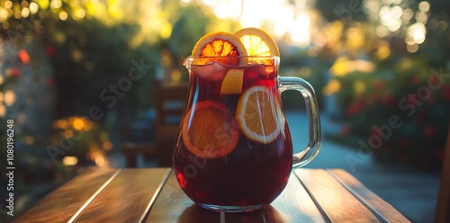 A pitcher of refreshing sangria filled with citrus slices, set against a serene outdoor backdrop. photo