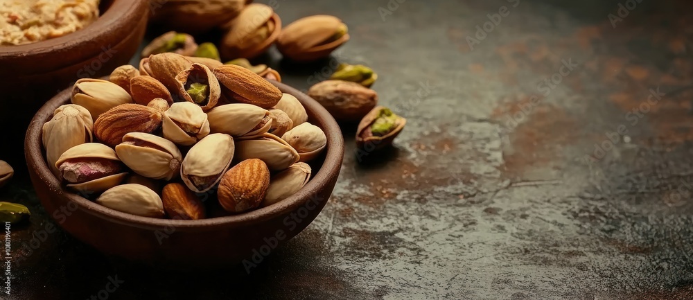 A rustic display of various nuts in wooden bowls on a textured surface. A rustic display of various nuts in wooden bowls on a textured surface.
