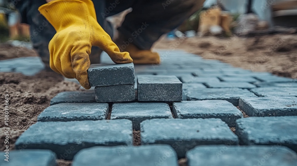 Worker Placing Stone Pavers in a Patio or Walkway Worker Placing Stone Pavers in a Patio or Walkway
