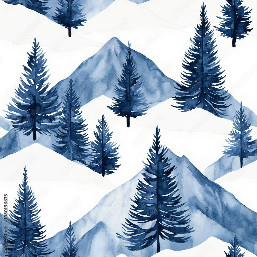 Fototapeta premium Indigo Mountains Watercolor Winter Landscape Snowy Peaks Evergreen Trees