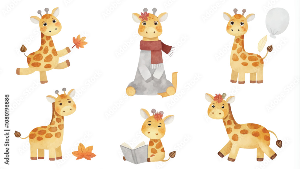 Fototapeta premium Cute cartoon giraffe character set. Vector illustration isolated on white background.