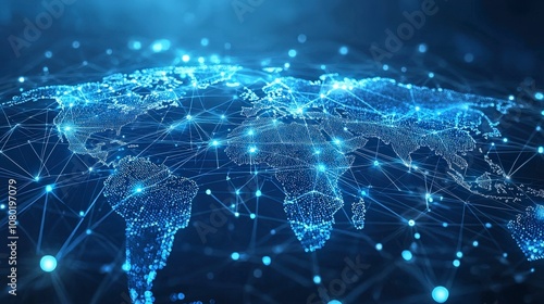 This image showcases a digital sci-fi world map with illuminated nodes and lines, emphasizing the theme of futuristic connectivity and global networking.