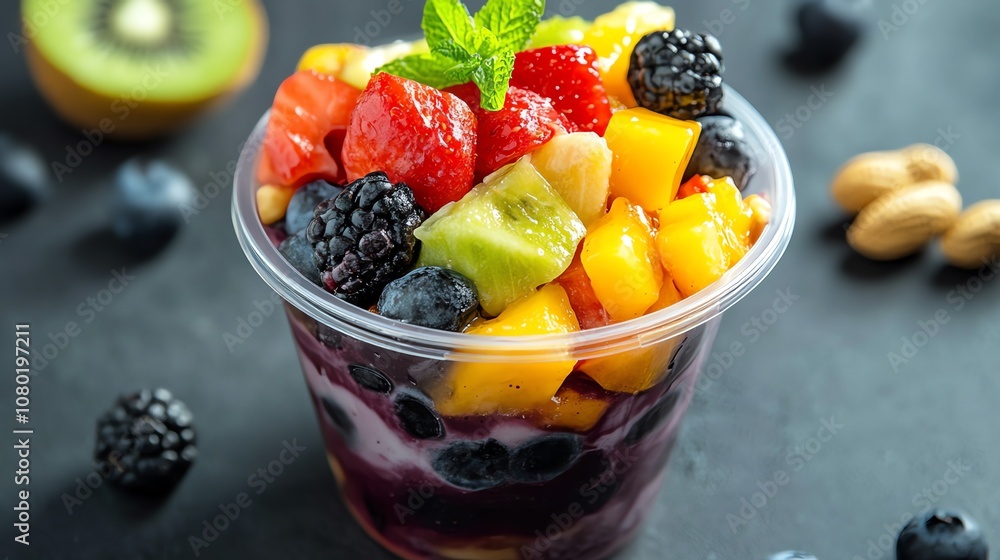 A colorful fruit salad in a clear plastic cup. A colorful fruit salad in a clear plastic cup.