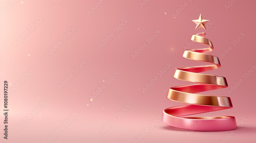 Abstract Christmas tree made of swirling shiny rose gold ribbon on a pink background with glowing particles. Abstract Christmas tree made of swirling shiny rose gold ribbon on a pink background with glowing particles.
