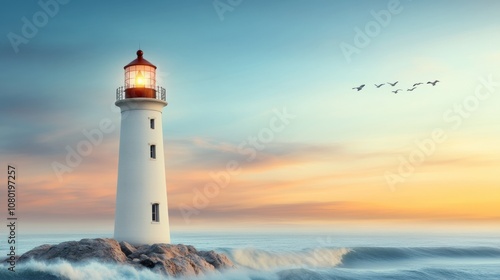 Lighthouse stands tall against a serene sunset sky, guiding ships with its warm glow, AI