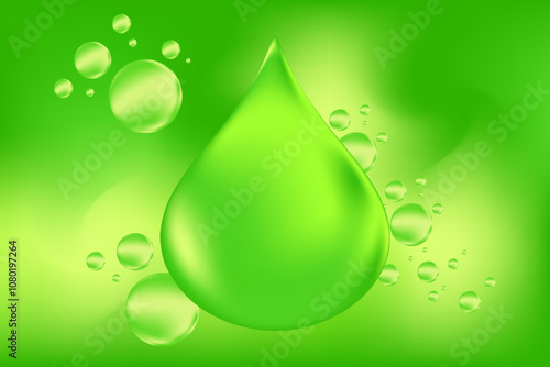 Green organic oil or collagen 3D molecule formula, with liquid glowing particles, fluid bubbles pattern. Bio serum formula background with copy space. Beauty biotechnology treatment nutrition.