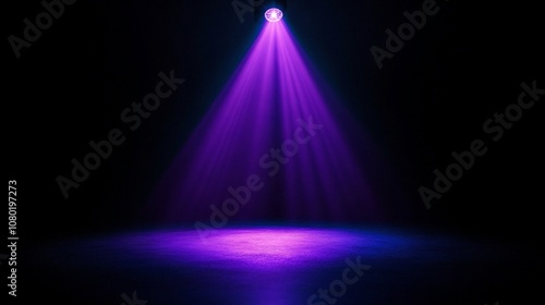 Purple light beams stretch from the stage, set against a black backdrop, creating a spotlight effect with bright, shining rays. 