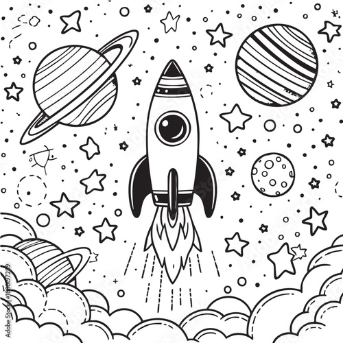 coloring page.A whimsical rocket launches through a galaxy filled with stars and planets in a black and white illustration