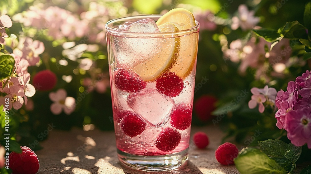 Refreshing Raspberry Lemon Water in a Garden Patio Setting Refreshing Raspberry Lemon Water in a Garden Patio Setting