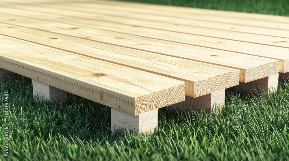 Step-by-step assembly of a wooden terrace, featuring precise alignment of joists and support systems on a prepared foundation