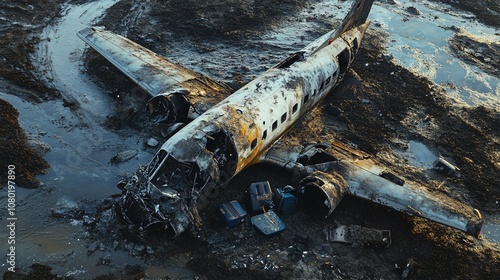 Burned airplane wreckage in muddy ground with debris scattered