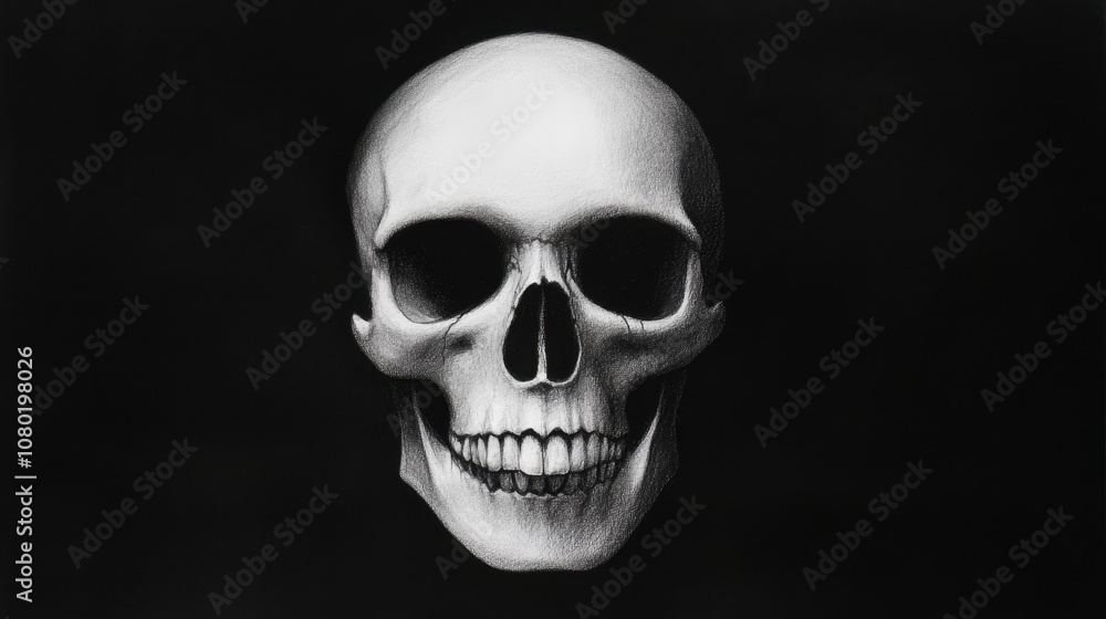 A stark black-and-white illustration of a skull, highlighting its detailed structure and expressive grin. A stark black-and-white illustration of a skull, highlighting its detailed structure and expressive grin.