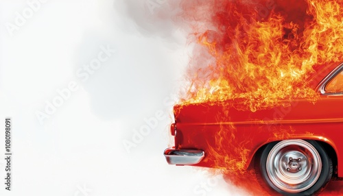 A close-up of a car in flames, showcasing intricate fire details and smoky ambiance, photorealistic and impactful, isolated on white background photo