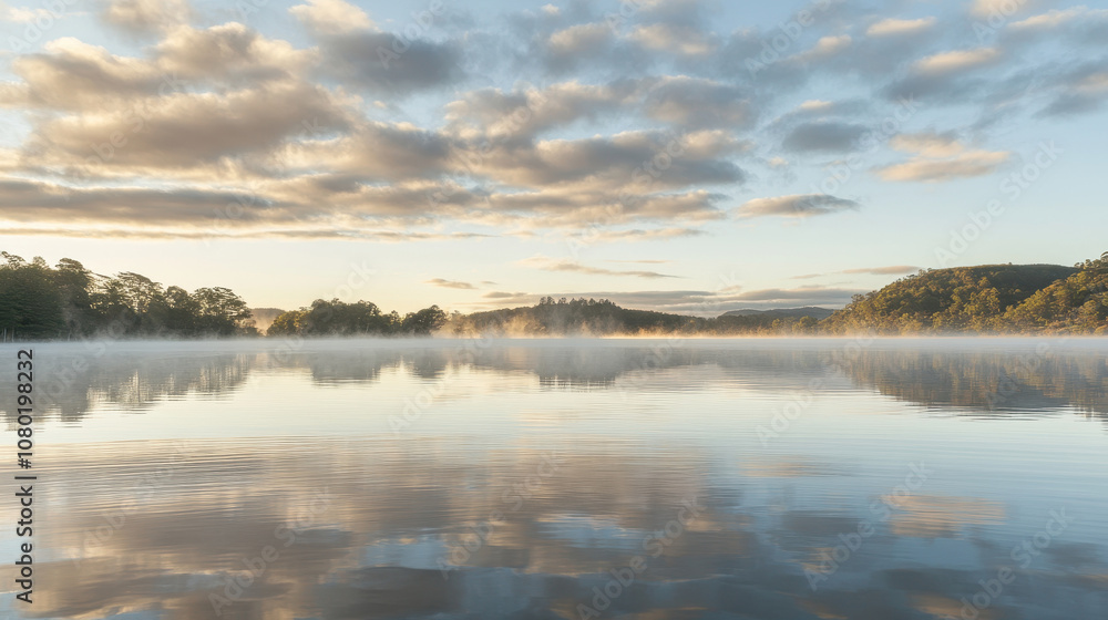 Tranquil lake at dawn reflects the soft colors of the sky and surrounding greenery. light mist adds an ethereal touch, perfect for nature and wellness themes.