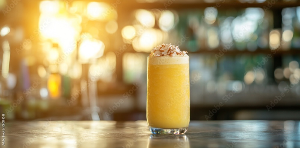 A refreshing tropical drink topped with coconut flakes, set against a warm, blurred background. A refreshing tropical drink topped with coconut flakes, set against a warm, blurred background.