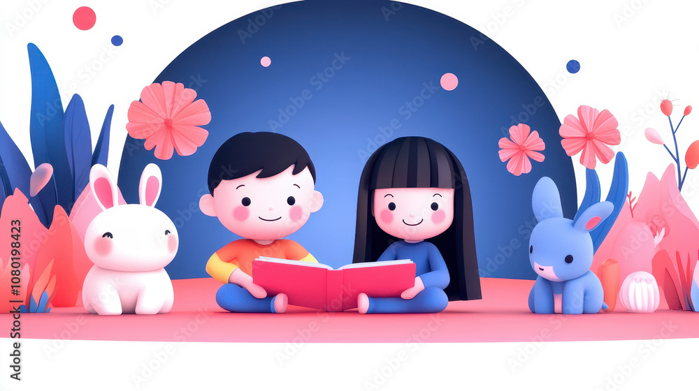 Fototapeta premium Whimsical illustration captures childhood joy with boy and girl engrossed in large book, accompanied by white rabbit and blue bunny, amidst vibrant, dreamy backdrop.